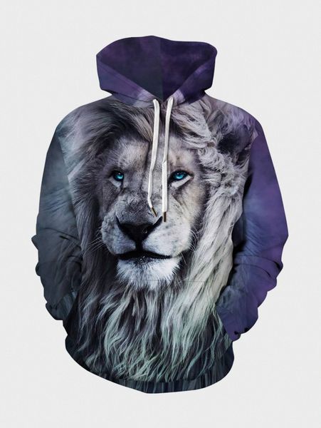 

men 3d lion print drawstring hoodie a7fc#, Black