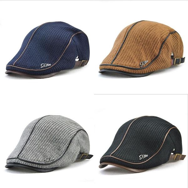 

berets autumn winter visor flat caps men knitted male vintage elastic driver hat british style leather classic directors cap, Blue;gray