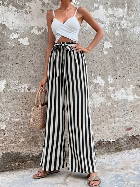 

high waist striped belted wide leg pants 08ub#, Black;white