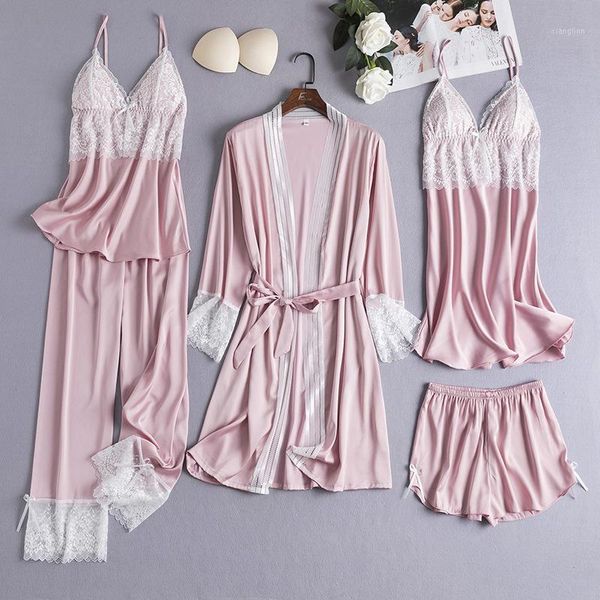 

youest women floral print silk robe with gown sets 5pcs lingerie robe set1, Black;red
