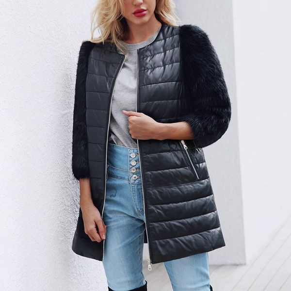 

fashion winter women faux fur coat pu leather three quarter sleeve jacket keep warm outwear lady casual overcoat plus size6q2188, Black;brown