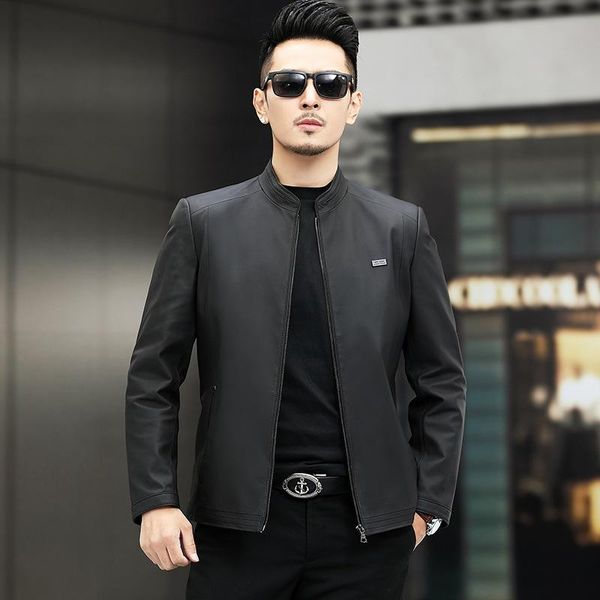 

men's leather & faux in the fall and winter of male collar zipper fur middle-aged leisure business attire jacket, Black