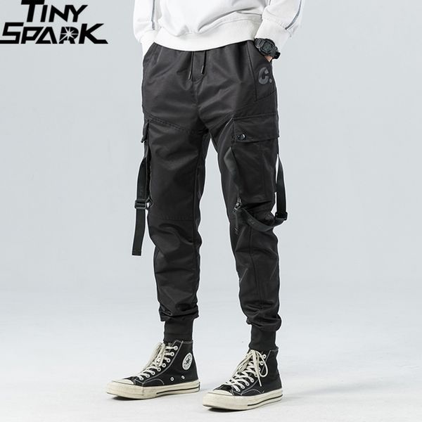 

hip hop cargo pants pockets men streetwear harajuku joggers pants hiphop swag ribbion harem pants fashion casual trousers 201027, Black