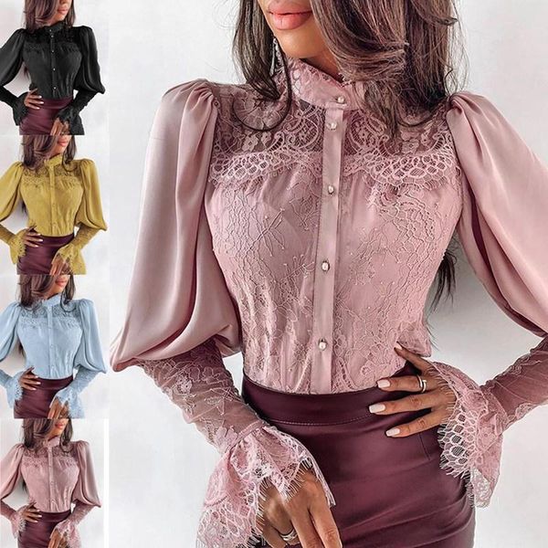 

women's shirts with long sleeves lady elegant casual lace stand neck shirts long sleeve blouse women fashion female blusas, White