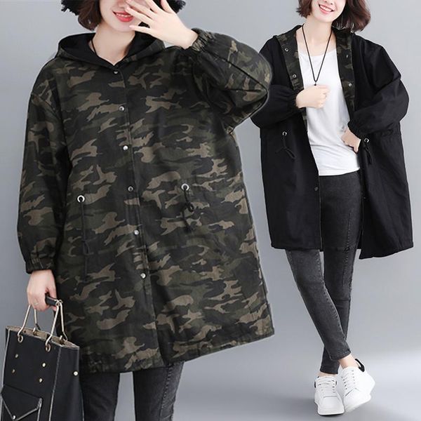 

big size autumn winter women fashion camouflage ladies female large plus long two side wear outwear jacket coat, Black;brown