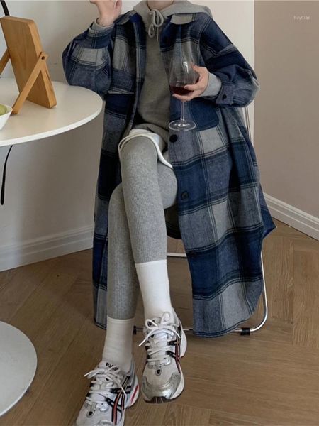 

korean loose plaid woolen coat women's middle long 2021 new knee length autumn winter thin woolen coat fashion1, Black