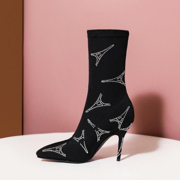 

womens pointy toe rhinestones crystal ankle boots stilettos high heel socks stretchy shoes black new 2021 plus size