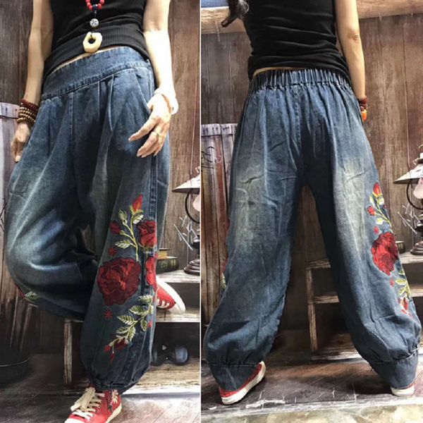 

fall 2020 new oversized loose embroidered jeans women's versatile casual elastic waist pants, Blue