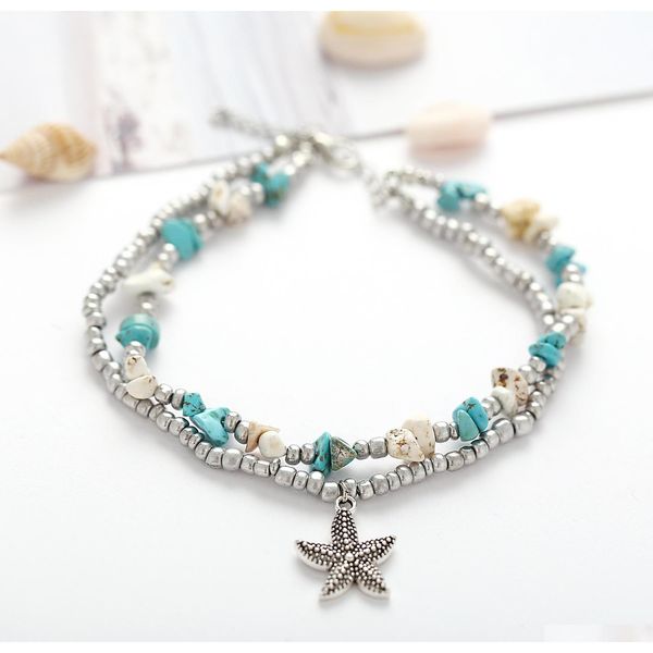 

s1065 fashion jewelry vintage starfish pendant charms anklet beads anklet double layer be sqclpp new_dhbest, Red;blue