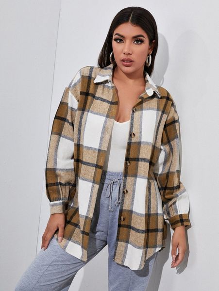 

drop shoulder plaid coat l06x#, Black