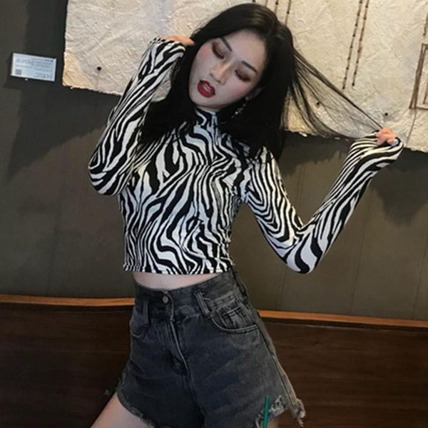 

women's leopard/zebra print turtleneck slim long sleeve crop 1, White