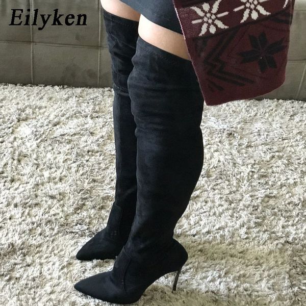 Venda quente Eilyken sexy sobre o joelho botas altas mulher mulher rebanho de couro espessa saltos altos mulheres botas inverno preta abricó marrom festa sapatos