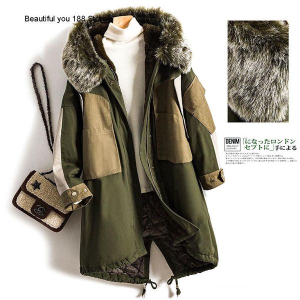 

women's fur & faux long-sleeved cotton-padded jacket with hoodie and zipper, Black