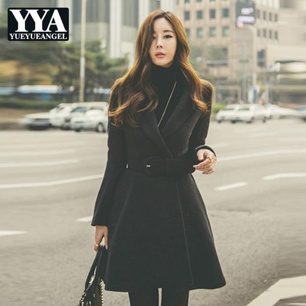 

women's wool & blends women autumn winter woolen coats and jackets 2021 korean slim sashes long sleeve office ladies coat1, Black