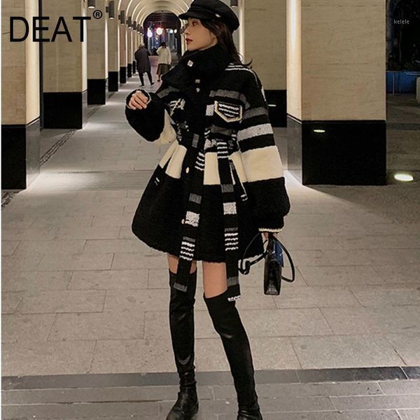 

deat 2021 popular shearling striped thickness warm a-line turtleneck single breasted coat female parka wo22701l1, Black