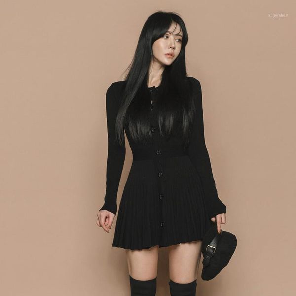 

qiu dong han edition installs a new round neck long sleeve a word skirt falbala knitting dress female black dress1, Black;gray