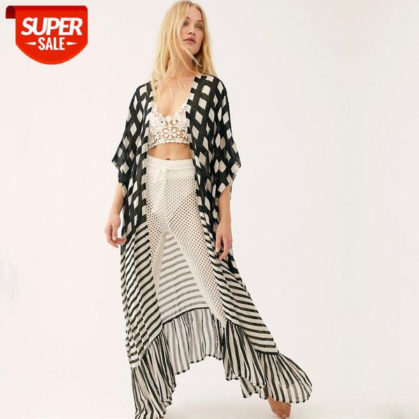 

2021 bohemian striped cover-ups summer beach dress tunic women beachwear swimsuit cover up bikini wrap sarongs #q980 #k88t, Black;gray