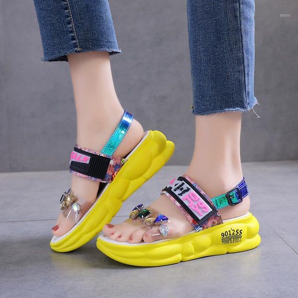 

lucyever 2020 new women summer sandals rhinestone flats platform shoes woman fashion crystal party kawaii shoes calzado mujer1, Black