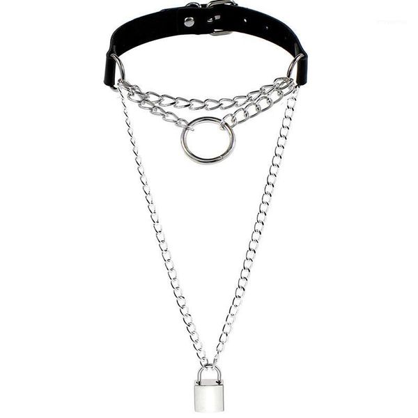 

gothic lock chain necklace round on neck multilayer punk choker collar goth pendant necklaces women black lleather night jewelry1, Golden;silver