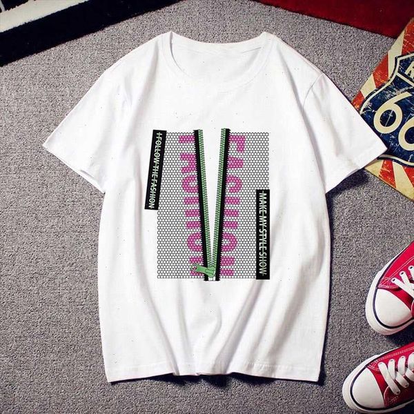 

abstract artistic text printed t shirt women short sleeve o neck t shirt 2021 new summer ladies white section tshirt