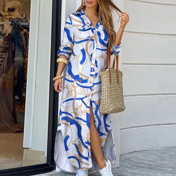 

women elegant print buttoned slit shirt summer lapel neck maxi party dress casual loose long sleeve beach dresses vestidos t200623, Black;pink