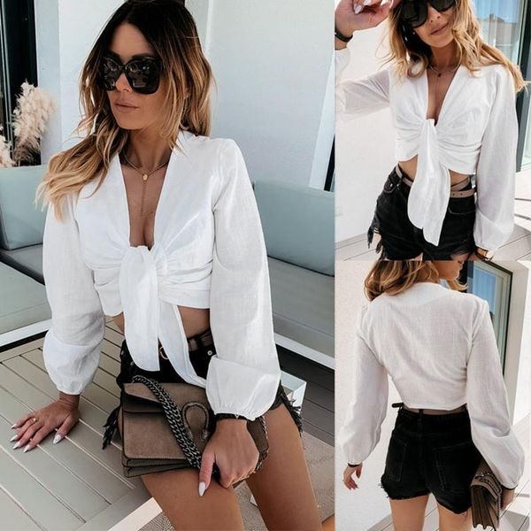 

women white blouse shirt deep v-neck lace up long sleeve crop short