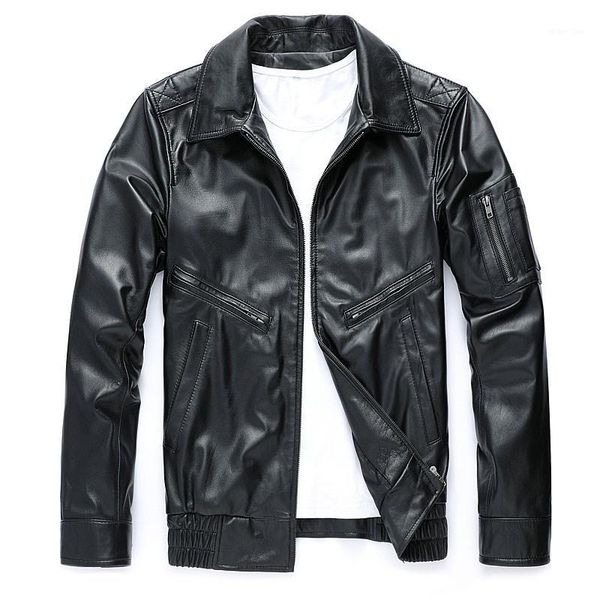 

fashion men real leather jacket classic cool biker sheepskin coat quality slim outwear motor loose clothes1, Black