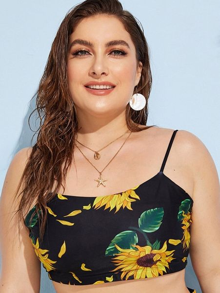 

plus sunflower print bikini i08v#, Black