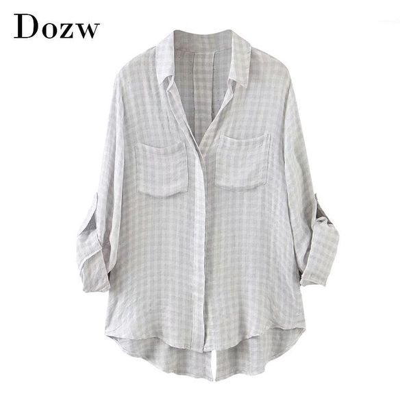 

casual plaid blouse women loose long sleeve back split tunic turn down collar ladies office shirt with pockets1, White