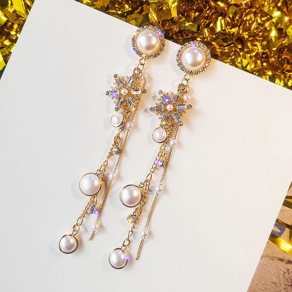 

s925 silver needle snowflake flower pearl personality long tassel cold fantasy fashion temperament earrings