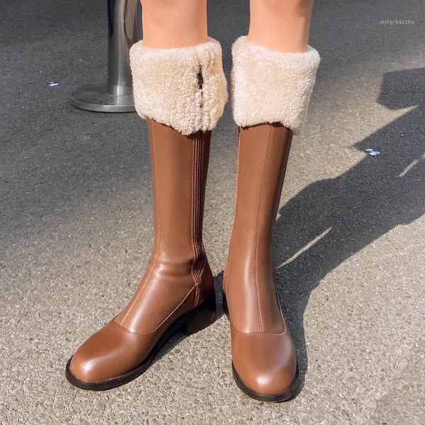 

boots winter warm lambswool women genuine leather knee high fashion zipper lady shoes comfort low heel sqaure toe1, Black