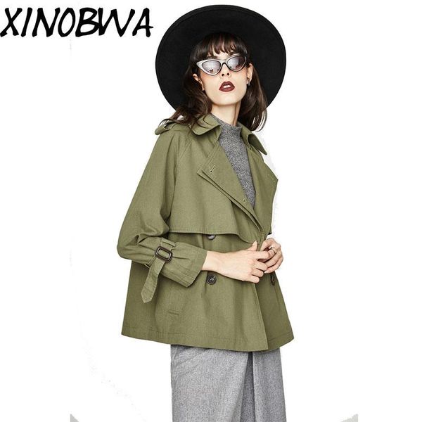 

2020 autumn women high street fashion loose turn down collar cotton army green cotton trench coat female plus size outwear, Tan;black