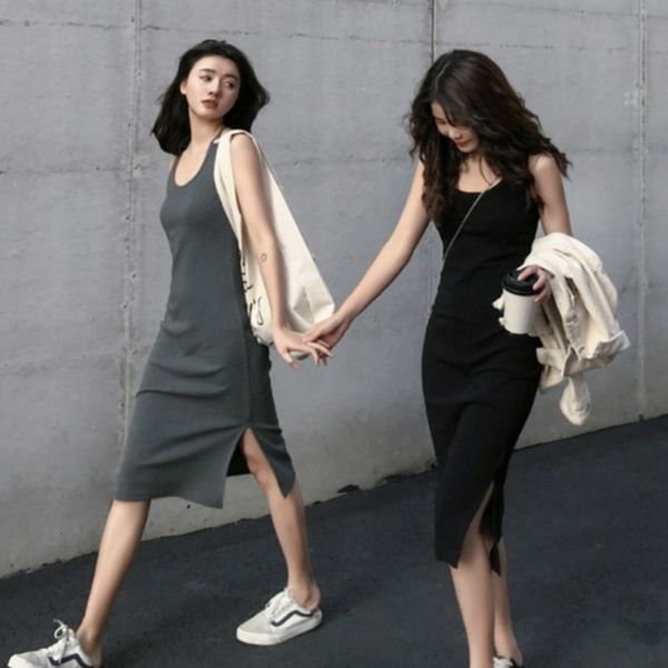 

small summer french style minority hepburn black with bottom waistcoat skirt and side slit mid length dress for women, Black;gray