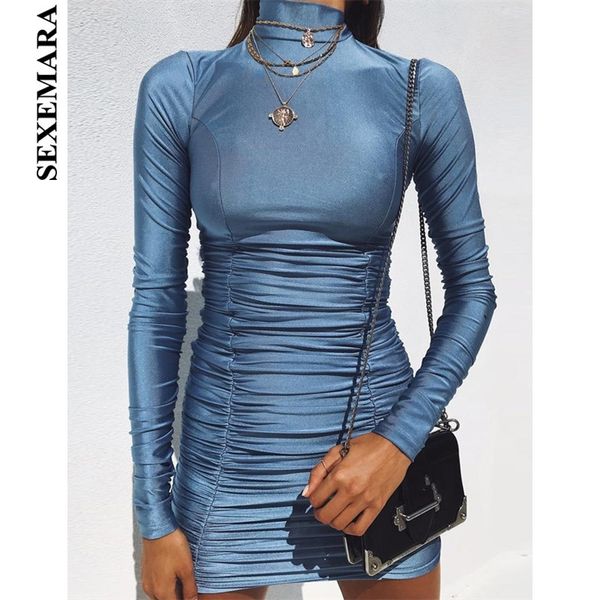 

boofeenaa ruched long sleeve high neck mini dress fall bodycon bandage dresses high fashion women clothing c70-ac44 y200418, Black;pink