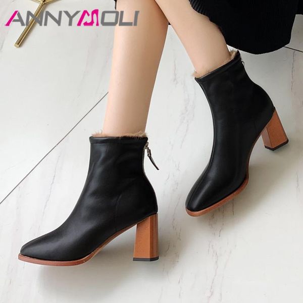 

annymoli winter ankle boots women natural genuine leather zip block high heel short boots real fur square toe shoes lady size 43, Black