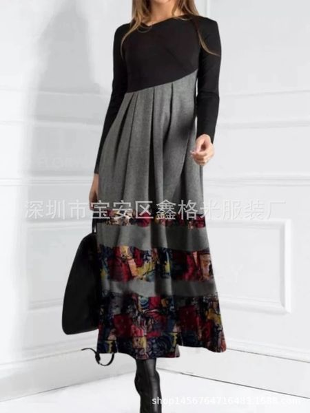 

2021 spring new women's pleated skirt style long sleeve printed dress, Black;gray