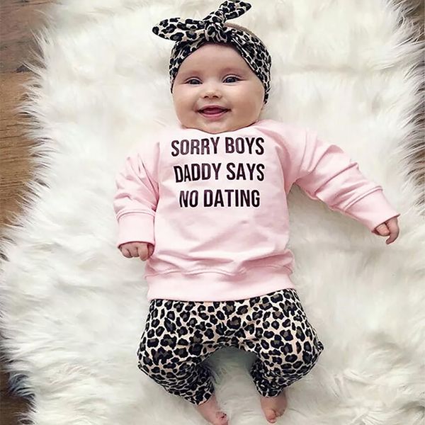 Recém-nascido bebê menina conjunto de moda manga comprida t-shirt leopardo calças headband algodão para meninas infantis roupas roupas lj201223