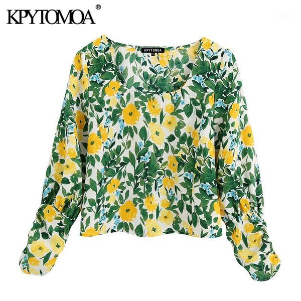 

kpytomoa women 2020 fashion floral print cropped blouses vintage o neck long sleeve female shirts blusas mujer chic 1, White