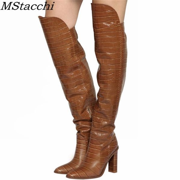 

mstacchi crocodile leather knee high boots women chunky high heels long boots female winter party shoes cowboy knight boots lj201130, Black