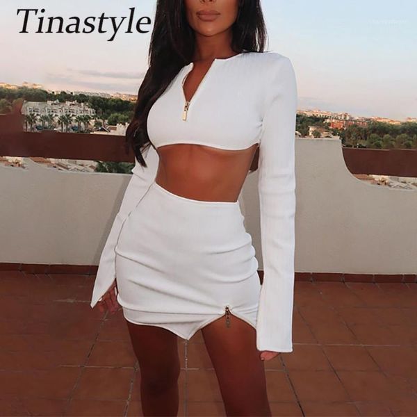 

tinastyle ribbed two piece set dress women long sleeve crop and zipper skirts womens 2 pieces casual dress winter outfits1, Gray