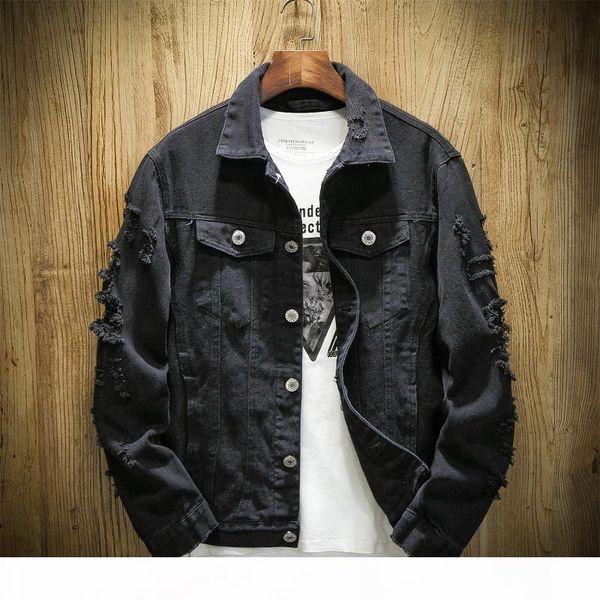 

bomber denim jacket men's ripped holes lt white jean jackets new 2020 autumn spring garment washed mens denim coat, Black;brown