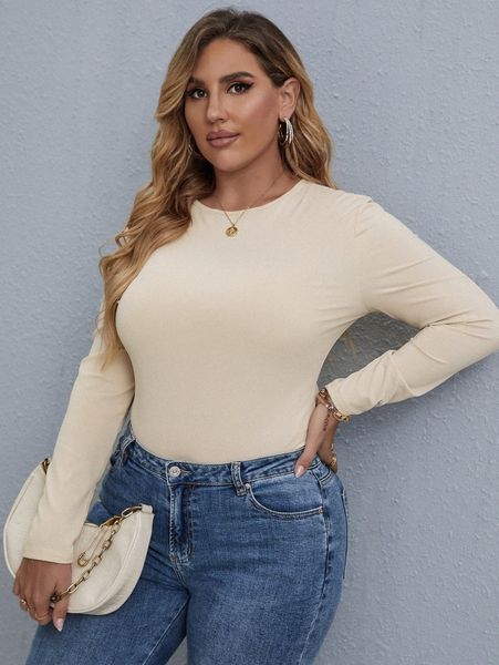 

plus solid rib-knit round neck bodysuit 70zi#, Black