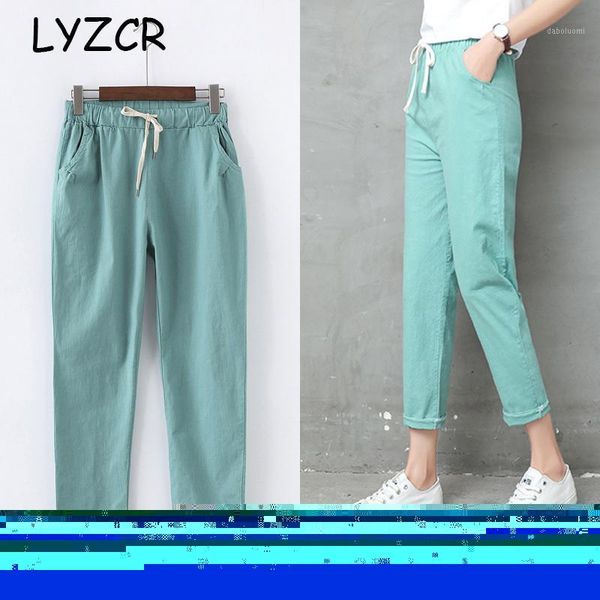 

summer cotton linen pants women candy color casual loose harem pants for women ankle length trousers female elastic waist pant1, Black;white
