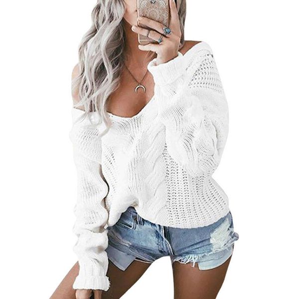 

women's sweater solid color v-neck twist pullover, White;black