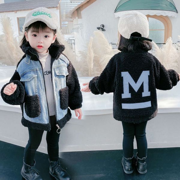 

sle girls' 2020 winter drs new foreign denim stitching sweater middle and small children's korean version thickened et, Black
