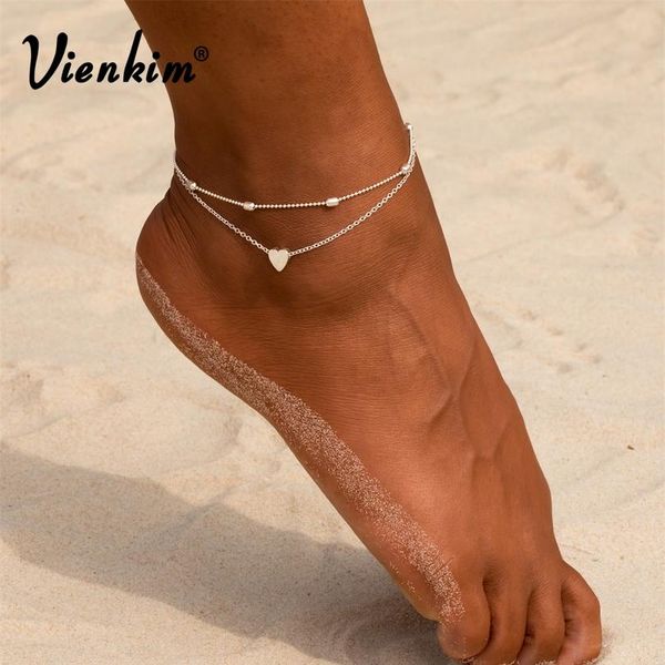 

vienkim женщины 2019 женщины banklets простое сердце босиком вязание крючком сандалии ноги ювелирные изделия двухслойные ноги двухслойных но, Silver