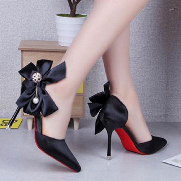 

marlisasa women fashion sweet party satin high heel stiletto ladies cute night club green high heel shoes bow tie pumps h55081, Black