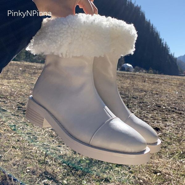 

winter platform ankle snow boots women genuine cow leather turned over wool lining zipper large size outdoor casual shoes female, Black