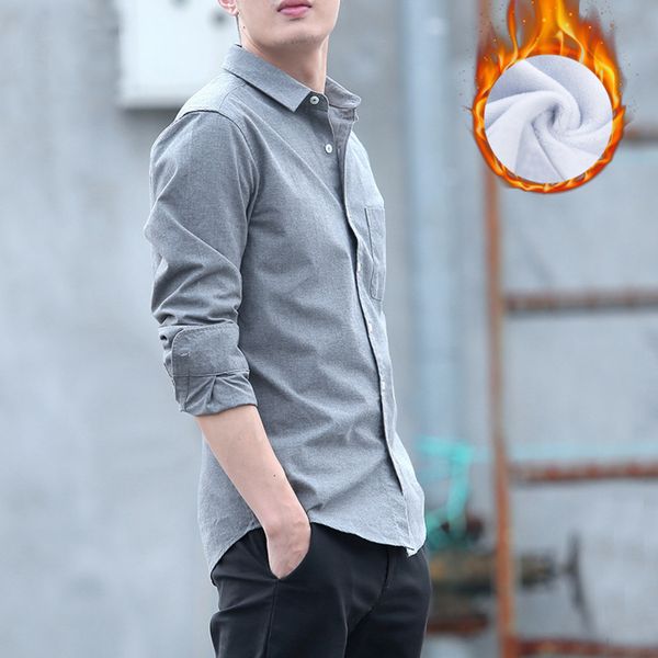 

2021 autumn and winter new plush thickened casual warm men's long sve shirt korean oxford shirt, White;black