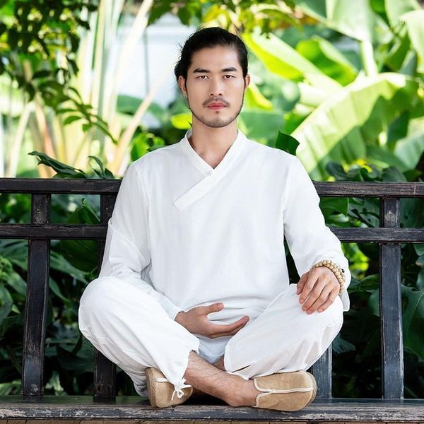 

yoga outfits kungfu tai chi meditation set linen men tracksuit loose quickly dry jogging outfit athletic leisure sweatshirt+pant1, White;red
